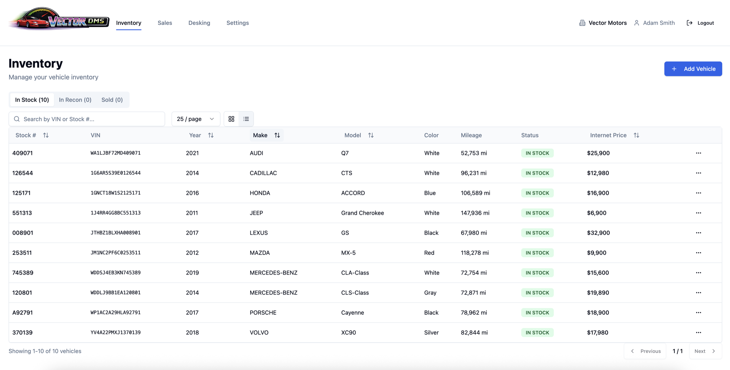 VectorDMS Inventory showing ten in-stock vehicles with stock numbers, VINs, mileage, status, and internet prices